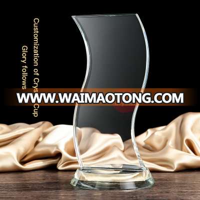 Wholesale Cheap Unique Design Wave Shape Clear Customize Jade Glass Trophy Award With Base For Sports Contest Champion Souvenirs